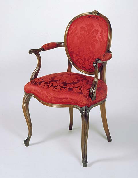 French Hepplewhite Armchair Shown In Red Damask